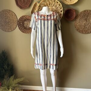 THML Stripe Blue Off White Knee Length Dress Embroidered Boho Festival Shift XS